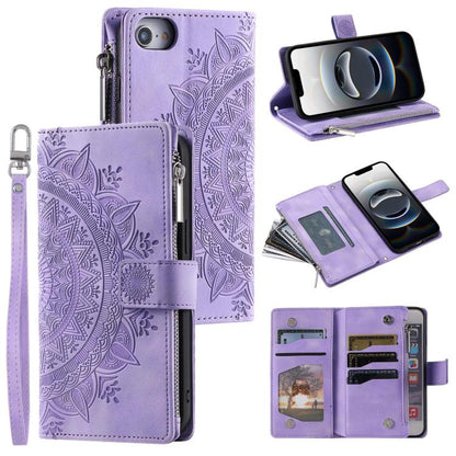 For iPhone 16e Multi-Card Totem Zipper Leather Phone Case(Purple) - iPhone 16e Cases by buy2fix | Online Shopping UK | buy2fix
