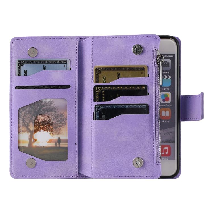 For iPhone 16e Multi-Card Totem Zipper Leather Phone Case(Purple) - iPhone 16e Cases by buy2fix | Online Shopping UK | buy2fix