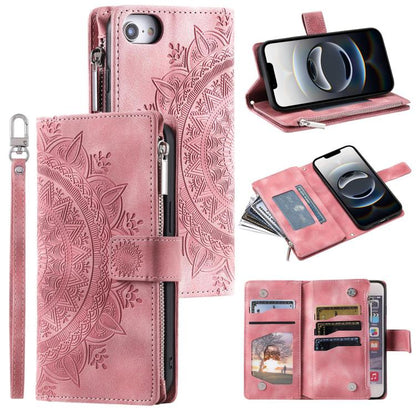 For iPhone 16e Multi-Card Totem Zipper Leather Phone Case(Pink) - iPhone 16e Cases by buy2fix | Online Shopping UK | buy2fix
