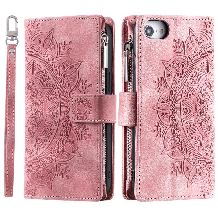 For iPhone 16e Multi-Card Totem Zipper Leather Phone Case(Pink) - iPhone 16e Cases by buy2fix | Online Shopping UK | buy2fix