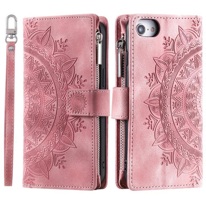 For iPhone 16e Multi-Card Totem Zipper Leather Phone Case(Pink) - iPhone 16e Cases by buy2fix | Online Shopping UK | buy2fix