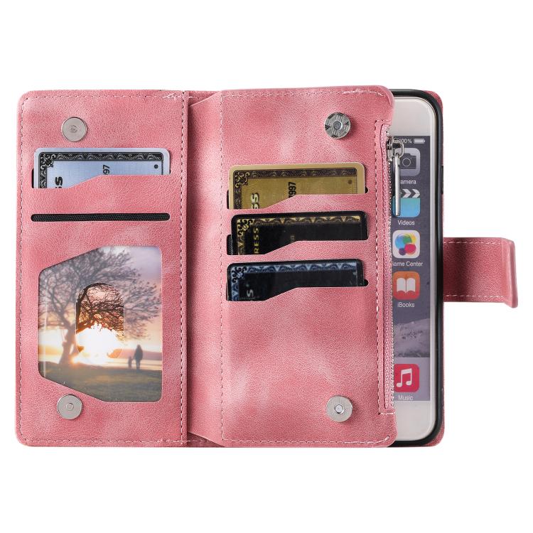 For iPhone 16e Multi-Card Totem Zipper Leather Phone Case(Pink) - iPhone 16e Cases by buy2fix | Online Shopping UK | buy2fix