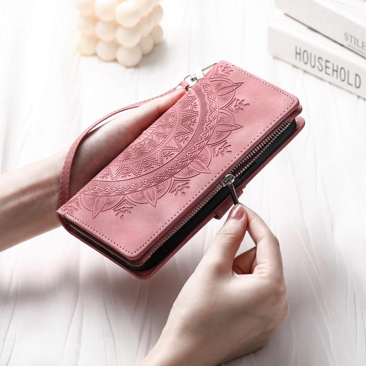 For iPhone 16e Multi-Card Totem Zipper Leather Phone Case(Pink) - iPhone 16e Cases by buy2fix | Online Shopping UK | buy2fix