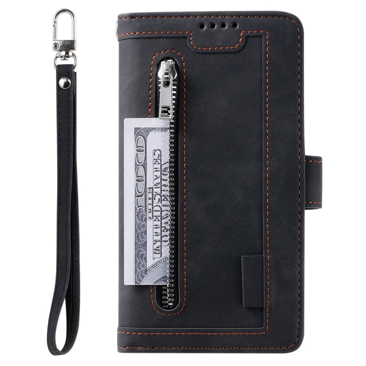 For iPhone 16 Nine Card Zipper Bag Leather Phone Case with Lanyard(Black) by buy2fix