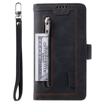 For iPhone 16 Nine Card Zipper Bag Leather Phone Case with Lanyard(Black) by buy2fix