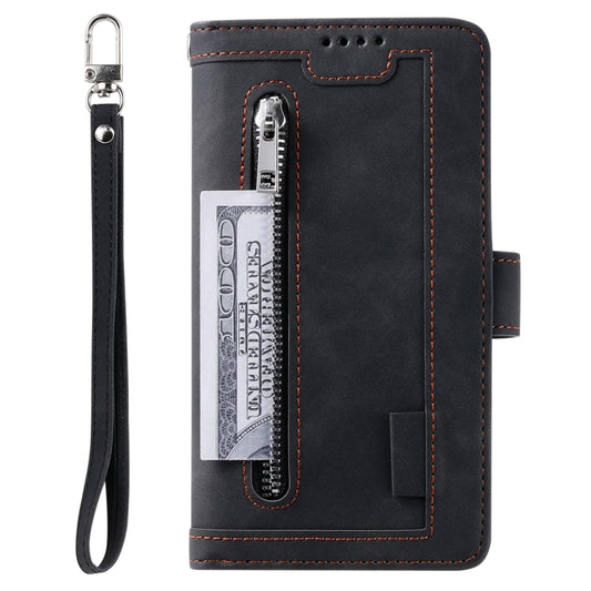 For iPhone 16 Nine Card Zipper Bag Leather Phone Case with Lanyard(Black) by buy2fix