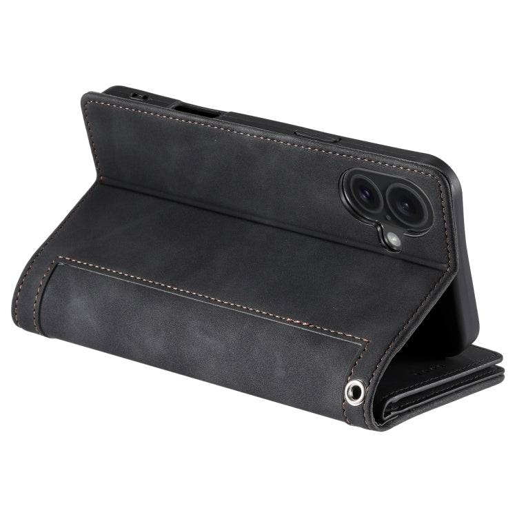 For iPhone 16 Nine Card Zipper Bag Leather Phone Case with Lanyard(Black) by buy2fix