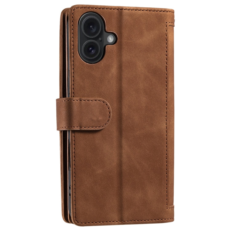 For iPhone 16 Nine Card Zipper Bag Leather Phone Case with Lanyard(Brown) - iPhone 16 Cases by buy2fix | Online Shopping UK | buy2fix