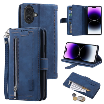 For iPhone 16 Nine Card Zipper Bag Leather Phone Case with Lanyard(Blue) by buy2fix