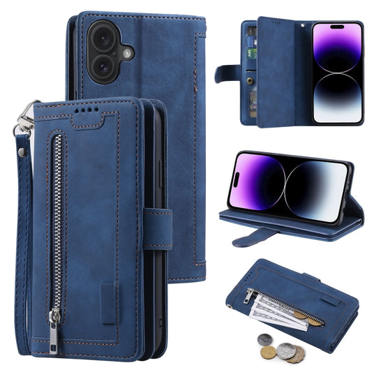 For iPhone 16 Nine Card Zipper Bag Leather Phone Case with Lanyard(Blue) by buy2fix