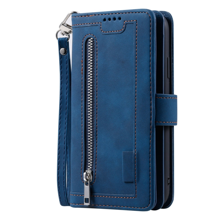 For iPhone 16 Nine Card Zipper Bag Leather Phone Case with Lanyard(Blue) by buy2fix