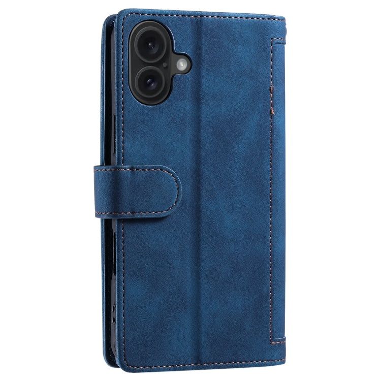 For iPhone 16 Nine Card Zipper Bag Leather Phone Case with Lanyard(Blue) by buy2fix