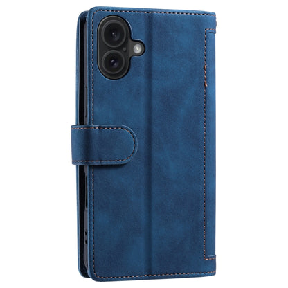 For iPhone 16 Nine Card Zipper Bag Leather Phone Case with Lanyard(Blue) by buy2fix