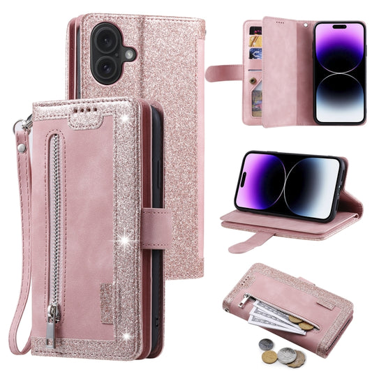 For iPhone 16 Nine Card Zipper Bag Leather Phone Case with Lanyard(Pink) by buy2fix