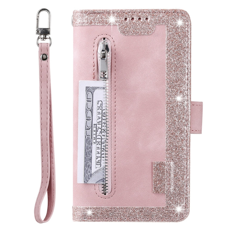 For iPhone 16 Nine Card Zipper Bag Leather Phone Case with Lanyard(Pink) by buy2fix