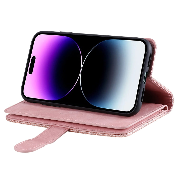 For iPhone 16 Nine Card Zipper Bag Leather Phone Case with Lanyard(Pink) by buy2fix