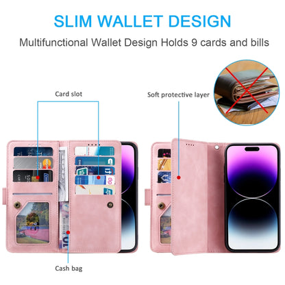 For iPhone 16 Nine Card Zipper Bag Leather Phone Case with Lanyard(Pink) by buy2fix