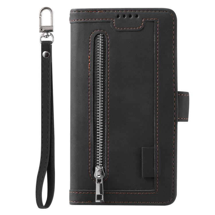 For iPhone 16e Nine Card Zipper Bag Leather Phone Case with Lanyard(Black) - iPhone 16e Cases by buy2fix | Online Shopping UK | buy2fix