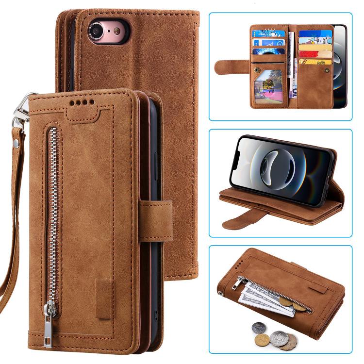 For iPhone 16e Nine Card Zipper Bag Leather Phone Case with Lanyard(Brown) - iPhone 16e Cases by buy2fix | Online Shopping UK | buy2fix