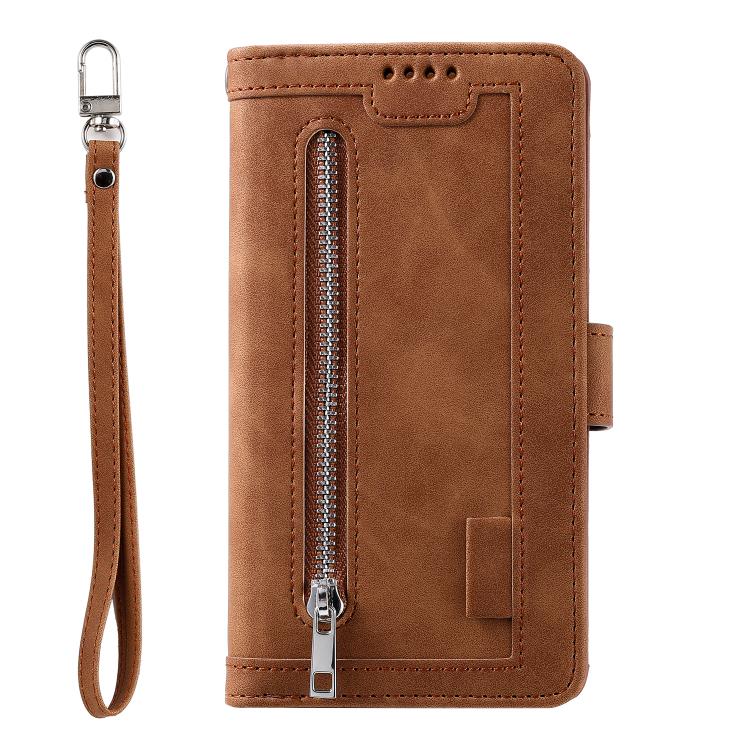 For iPhone 16e Nine Card Zipper Bag Leather Phone Case with Lanyard(Brown) - iPhone 16e Cases by buy2fix | Online Shopping UK | buy2fix