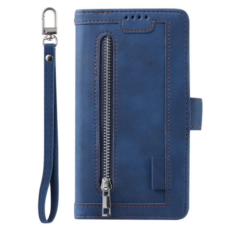For iPhone 16e Nine Card Zipper Bag Leather Phone Case with Lanyard(Blue) - iPhone 16e Cases by buy2fix | Online Shopping UK | buy2fix