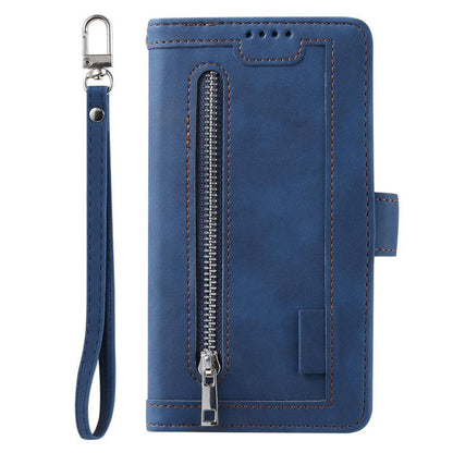For iPhone 16e Nine Card Zipper Bag Leather Phone Case with Lanyard(Blue) - iPhone 16e Cases by buy2fix | Online Shopping UK | buy2fix