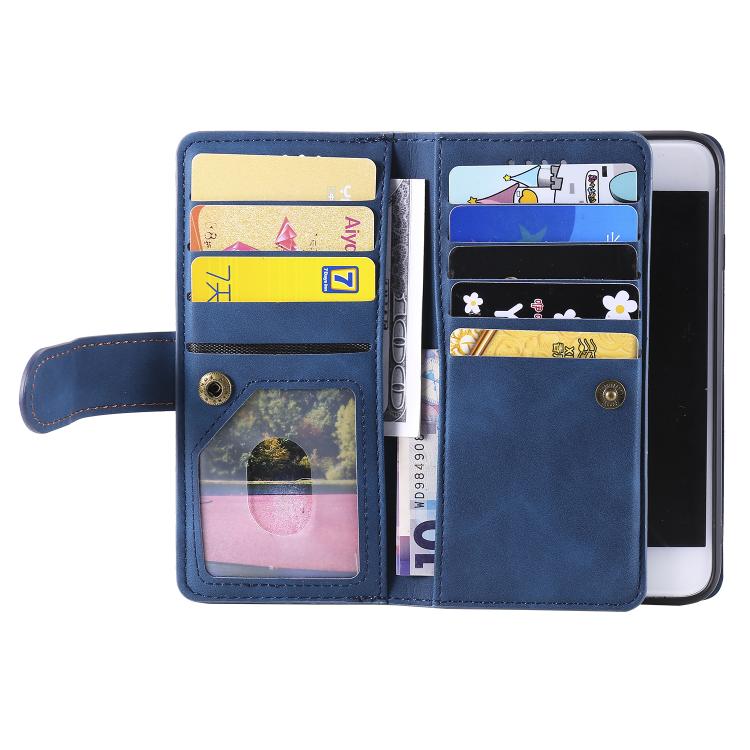 For iPhone 16e Nine Card Zipper Bag Leather Phone Case with Lanyard(Blue) - iPhone 16e Cases by buy2fix | Online Shopping UK | buy2fix
