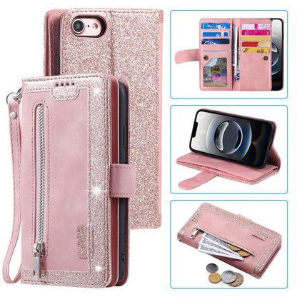 For iPhone 16e Nine Card Zipper Bag Leather Phone Case with Lanyard(Pink) - iPhone 16e Cases by buy2fix | Online Shopping UK | buy2fix