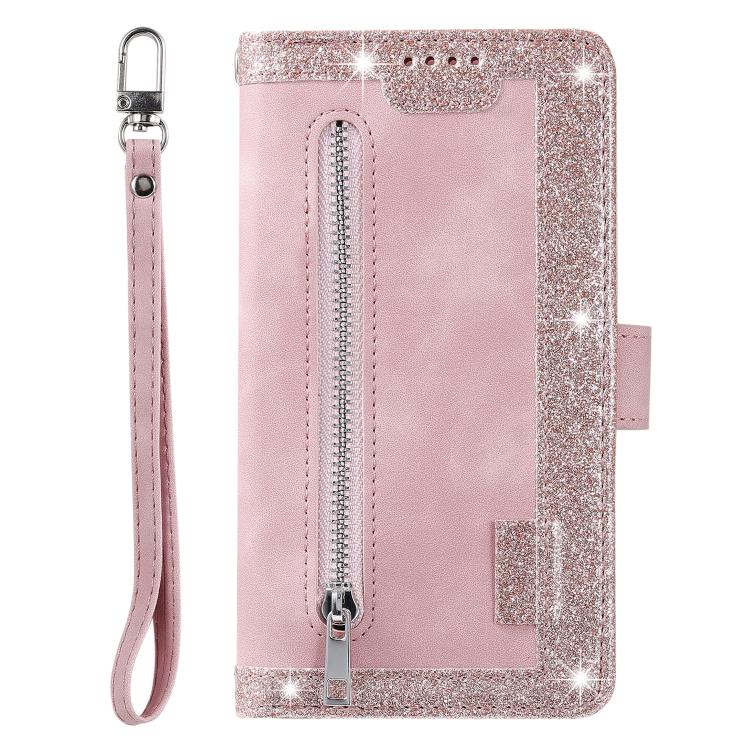 For iPhone 16e Nine Card Zipper Bag Leather Phone Case with Lanyard(Pink) - iPhone 16e Cases by buy2fix | Online Shopping UK | buy2fix