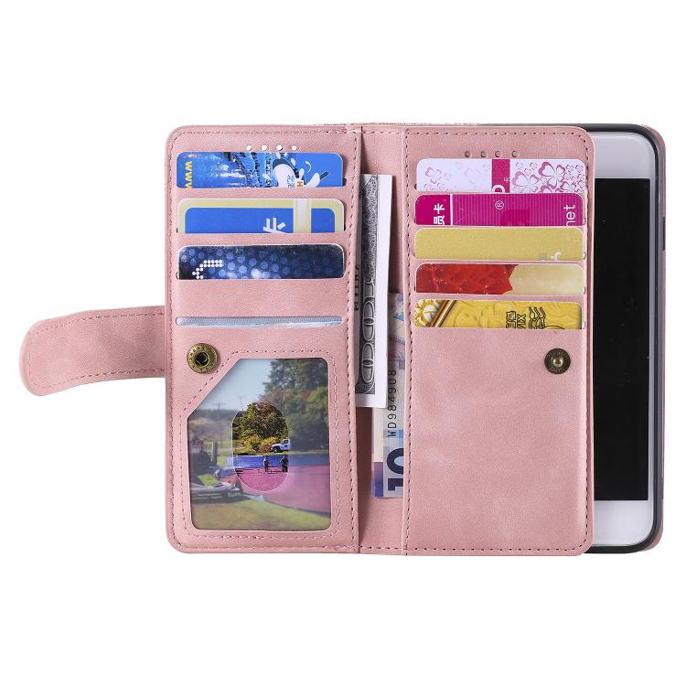 For iPhone 16e Nine Card Zipper Bag Leather Phone Case with Lanyard(Pink) - iPhone 16e Cases by buy2fix | Online Shopping UK | buy2fix