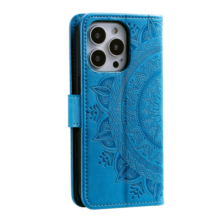 For iPhone 16 Pro Max Totem Flower Embossed Leather Phone Case(Blue) - iPhone 16 Pro Max Cases by buy2fix | Online Shopping UK | buy2fix