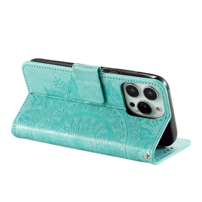 For iPhone 16 Pro Totem Flower Embossed Leather Phone Case(Green) - iPhone 16 Pro Cases by buy2fix | Online Shopping UK | buy2fix