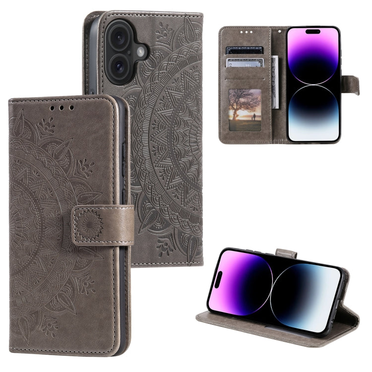 For iPhone 16 Plus Totem Flower Embossed Leather Phone Case(Grey) - iPhone 16 Plus Cases by buy2fix | Online Shopping UK | buy2fix