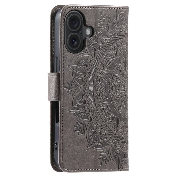 For iPhone 16 Plus Totem Flower Embossed Leather Phone Case(Grey) - iPhone 16 Plus Cases by buy2fix | Online Shopping UK | buy2fix