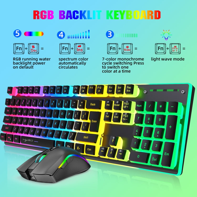 HXSJ L96 2.4G Wireless RGB Backlit Keyboard and Mouse Set 104 Pudding Key Caps + 4800DPI Mouse(Black) - Wireless Keyboard by HXSJ | Online Shopping UK | buy2fix