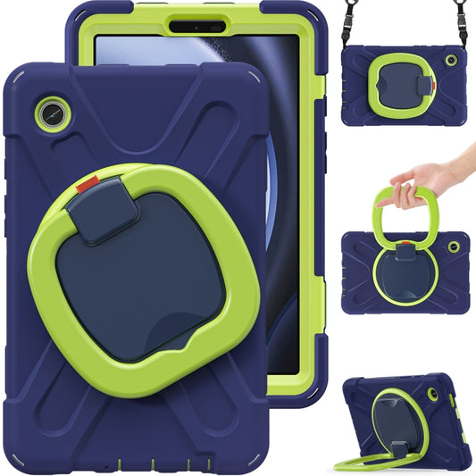 For Samsung Galaxy Tab A9 / Tab A11 Silicone Hybrid PC Tablet Case with Holder & Shoulder Strap(Navy Blue Olivine) by buy2fix