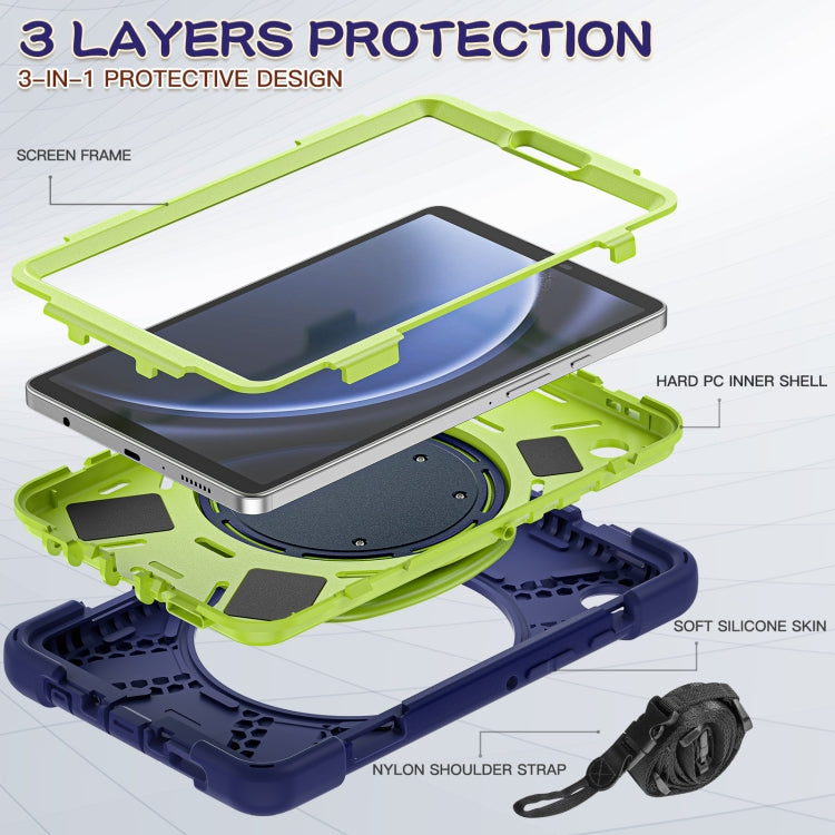 For Samsung Galaxy Tab A9 / Tab A11 Silicone Hybrid PC Tablet Case with Holder & Shoulder Strap(Navy Blue Olivine) by buy2fix