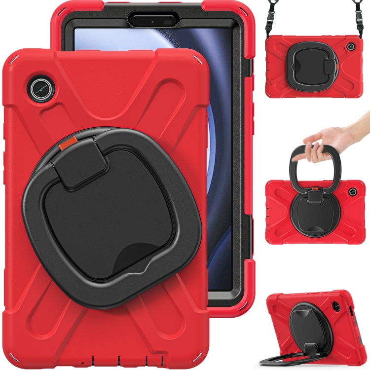 For Samsung Galaxy Tab A9 / Tab A11 Silicone Hybrid PC Tablet Case with Holder & Shoulder Strap(Red) by buy2fix