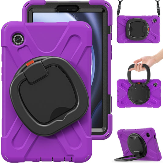 For Samsung Galaxy Tab A9 / Tab A11 Silicone Hybrid PC Tablet Case with Holder & Shoulder Strap(Purple) by buy2fix