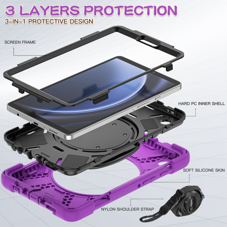 For Samsung Galaxy Tab A9 / Tab A11 Silicone Hybrid PC Tablet Case with Holder & Shoulder Strap(Purple) by buy2fix