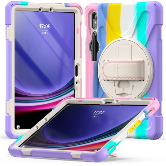 For Galaxy Tab S10 FE / S9 FE / S9 / S8 / S7 Rotatable Kickstand Grip Heavy Duty Hard Rugged Tablet Case(Colorful Pink)