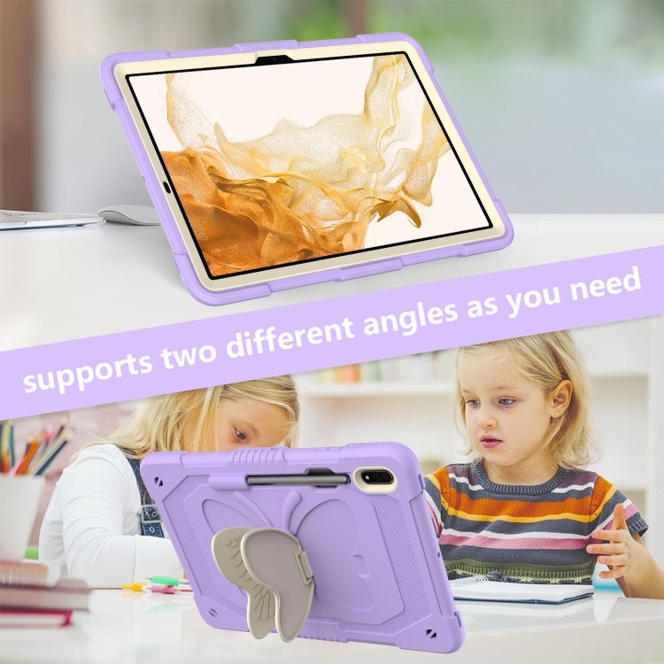 For Samsung Galaxy Tab S9+ Butterfly Kickstand Heavy Duty Hard Rugged Tablet Case(Beige+Raro Purple) - Galaxy Tab S9+ Cases by buy2fix | Online Shopping UK | buy2fix