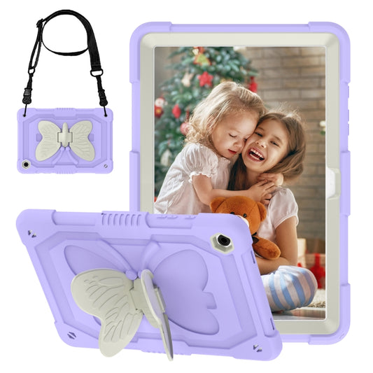 For Samsung Galaxy Tab A9+ Butterfly Kickstand Heavy Duty Hard Rugged Tablet Case(Beige+Raro Purple) - Galaxy Tab A9+ by buy2fix | Online Shopping UK | buy2fix