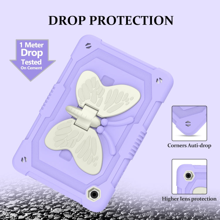 For Samsung Galaxy Tab A9+ Butterfly Kickstand Heavy Duty Hard Rugged Tablet Case(Beige+Raro Purple) - Galaxy Tab A9+ by buy2fix | Online Shopping UK | buy2fix