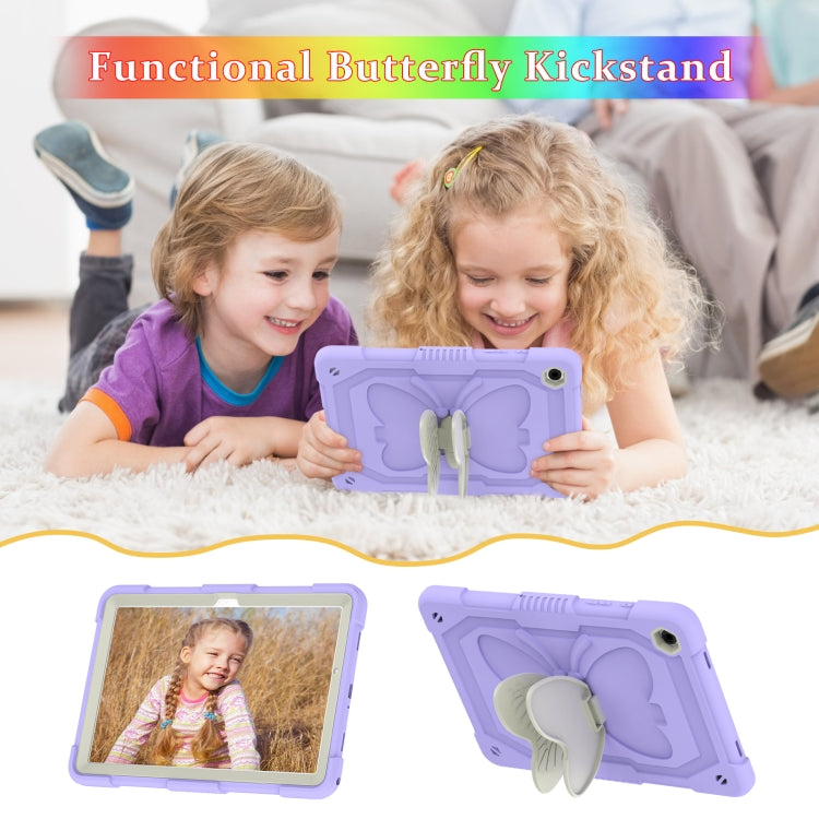 For Samsung Galaxy Tab A9+ Butterfly Kickstand Heavy Duty Hard Rugged Tablet Case(Beige+Raro Purple) - Galaxy Tab A9+ by buy2fix | Online Shopping UK | buy2fix