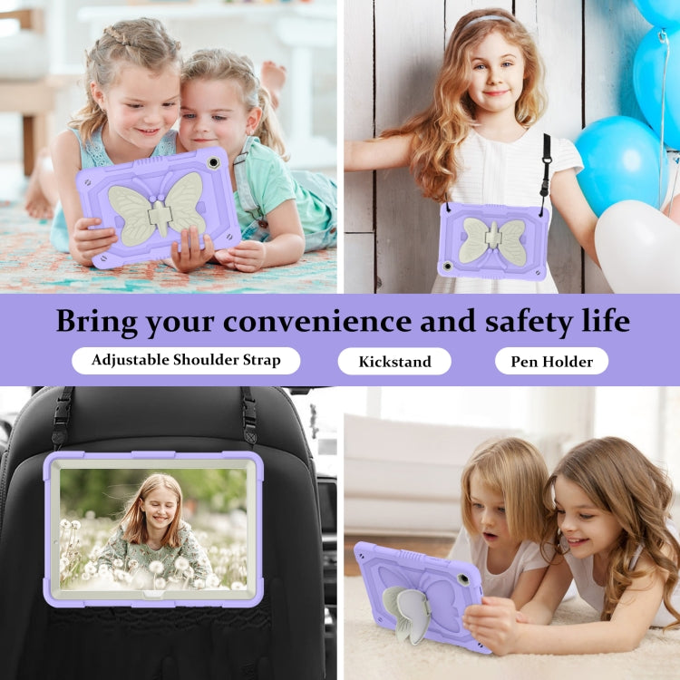 For Samsung Galaxy Tab A9+ Butterfly Kickstand Heavy Duty Hard Rugged Tablet Case(Beige+Raro Purple) - Galaxy Tab A9+ by buy2fix | Online Shopping UK | buy2fix
