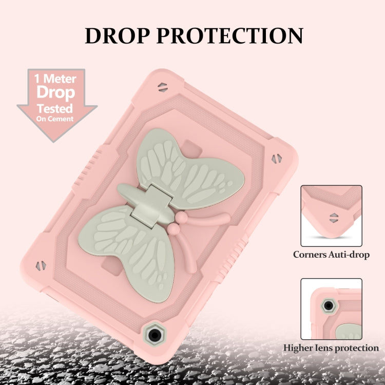 For Samsung Galaxy Tab A9+ Butterfly Kickstand Heavy Duty Hard Rugged Tablet Case(Beige+Rose Pink) - Galaxy Tab A9+ by buy2fix | Online Shopping UK | buy2fix