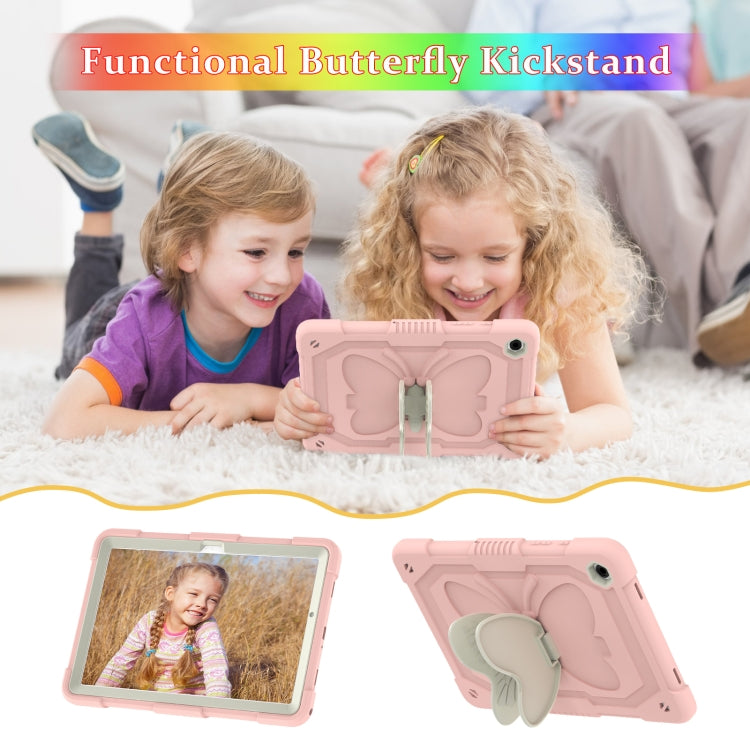 For Samsung Galaxy Tab A9+ Butterfly Kickstand Heavy Duty Hard Rugged Tablet Case(Beige+Rose Pink) - Galaxy Tab A9+ by buy2fix | Online Shopping UK | buy2fix