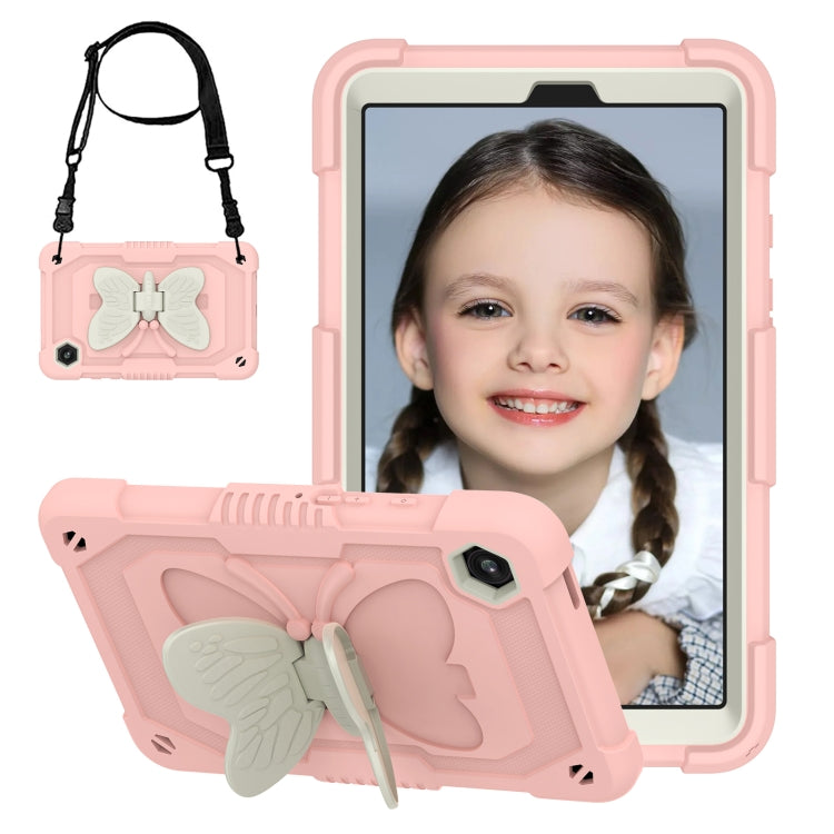 For Samsung Galaxy Tab A9 Butterfly Kickstand Heavy Duty Hard Rugged Tablet Case(Beige+Rose Pink) - Galaxy Tab A9 by buy2fix | Online Shopping UK | buy2fix