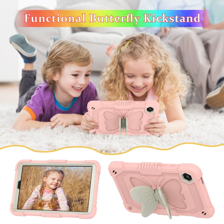 For Samsung Galaxy Tab A9 Butterfly Kickstand Heavy Duty Hard Rugged Tablet Case(Beige+Rose Pink) - Galaxy Tab A9 by buy2fix | Online Shopping UK | buy2fix